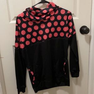 Nursing long sleeve cowl neck top, black and hot pink polka dots, size XS